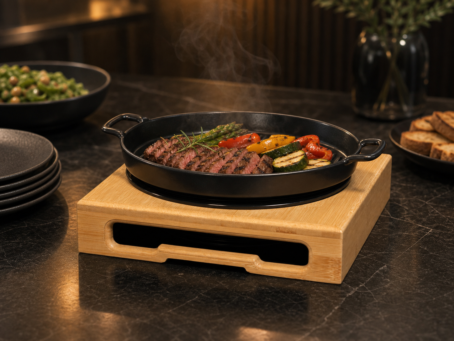 Hotel banquet or private-room food service supported by a frame-finished Insta Hot Plate setup