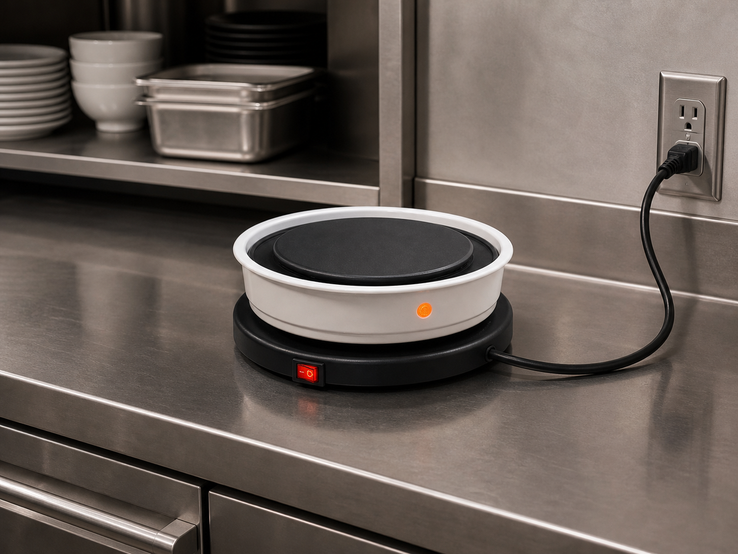 Insta Hot Plate charging on its dedicated base before cord-free service
