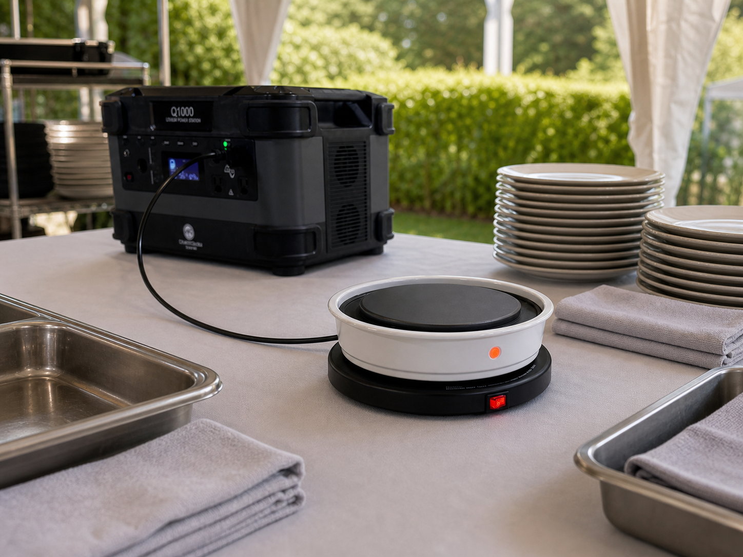 Outdoor catering charging setup with portable power kept away from the guest-facing station