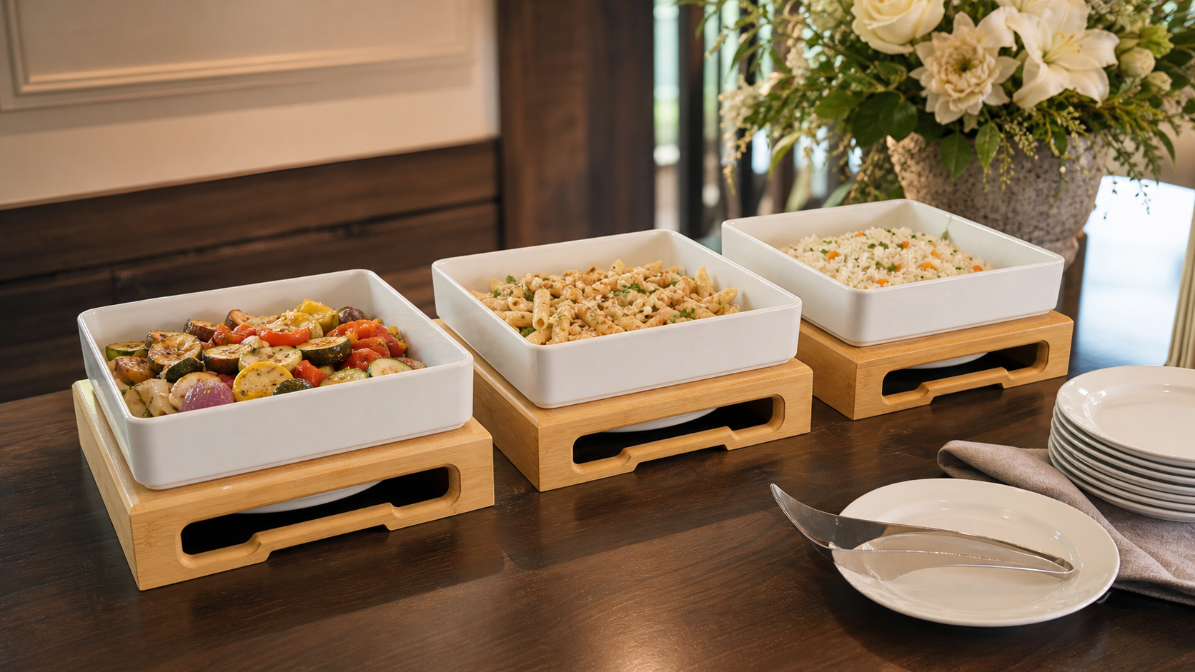 Buffet and catering station with frame-supported Insta Hot Plate units and square food containers