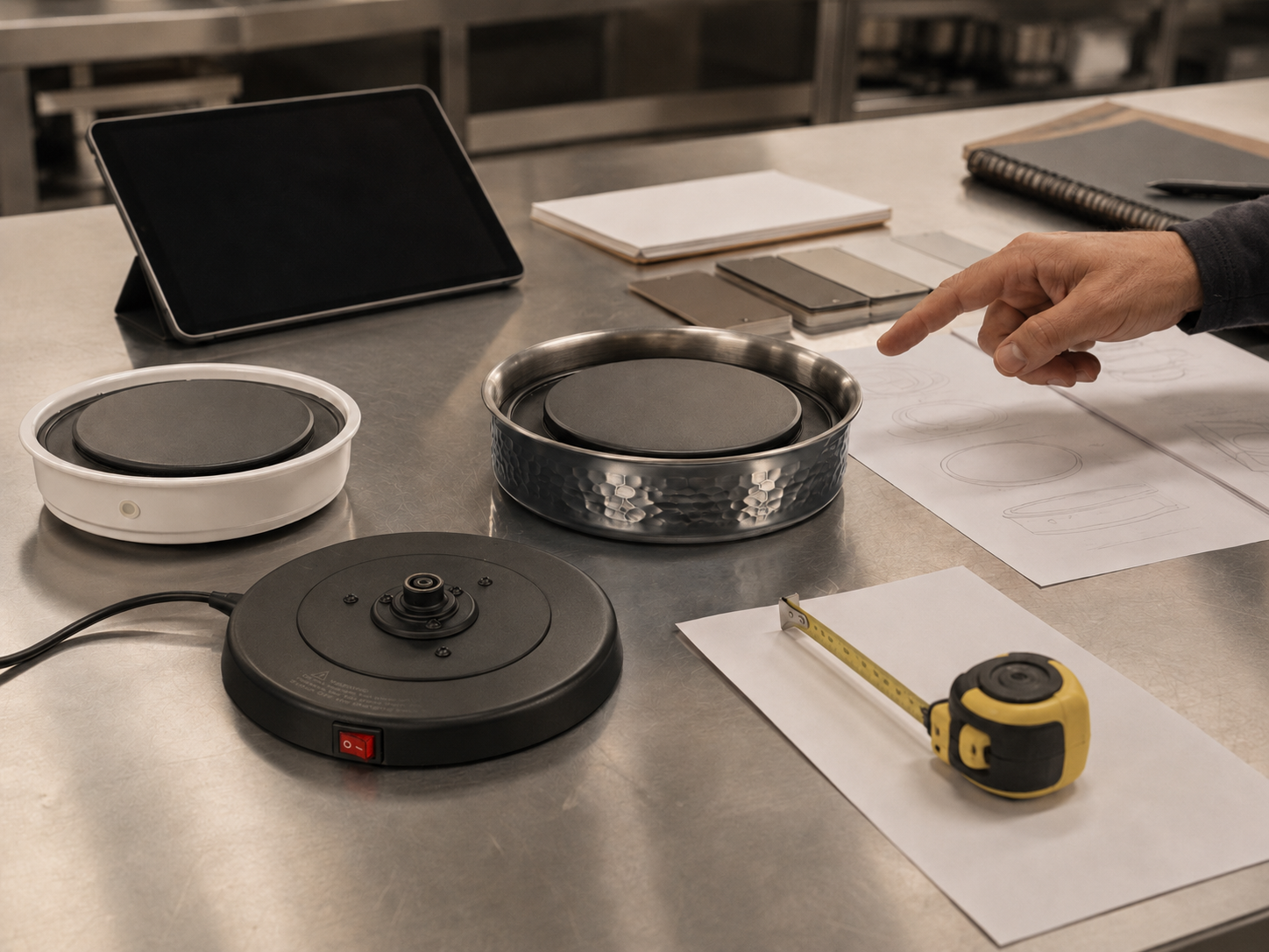 TAIBAI custom product fit review with standard product, custom prototype, charging base, and planning materials