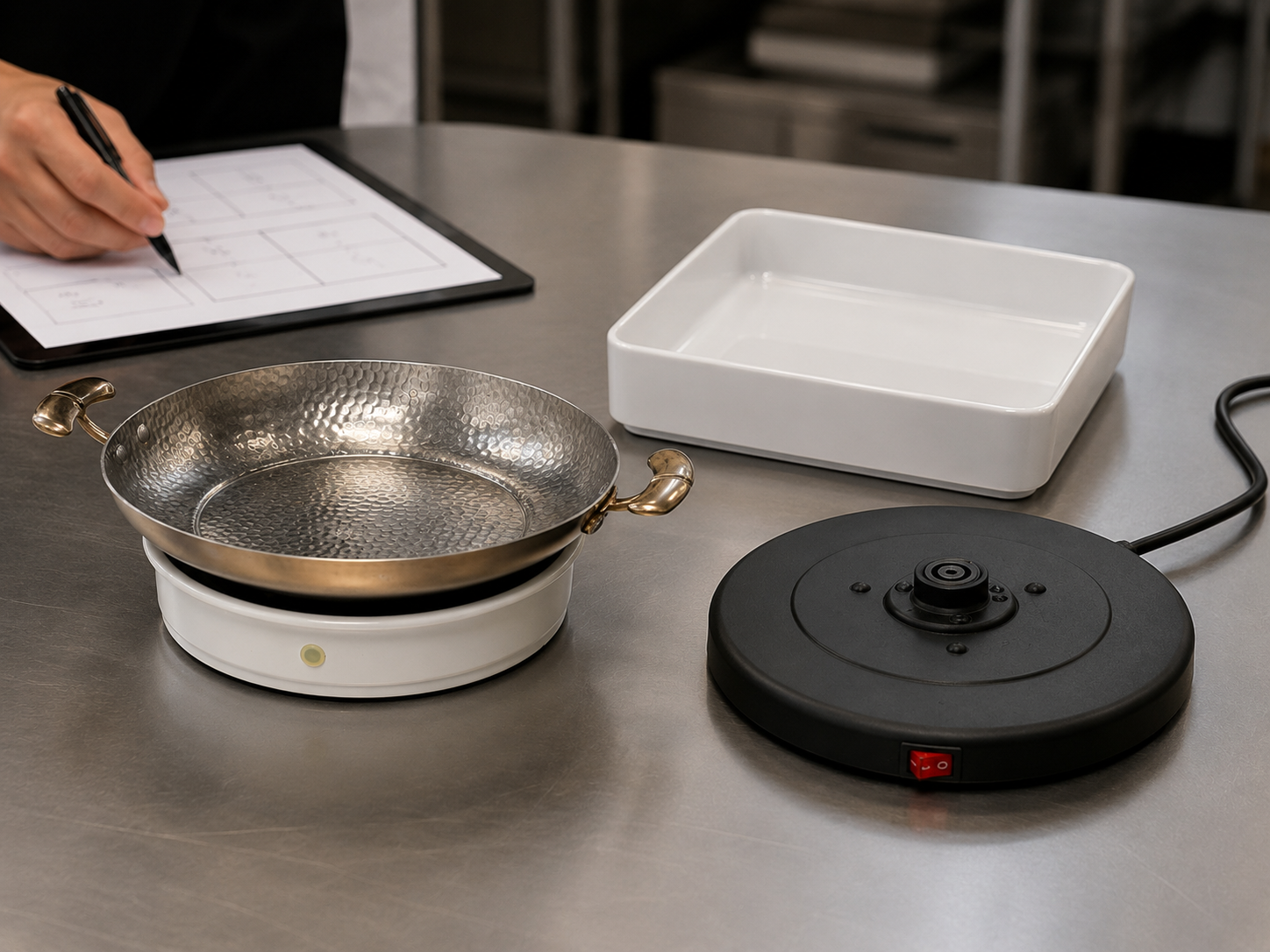 Custom warm-service intake planning with Insta Hot Plate, charger base, square serving vessel, and workflow notes