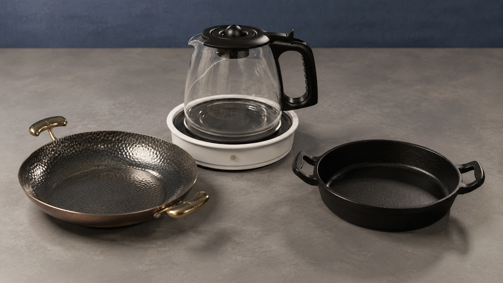 Suitable glass and metal serving vessels arranged with Insta Hot Plate for dish fit guidance