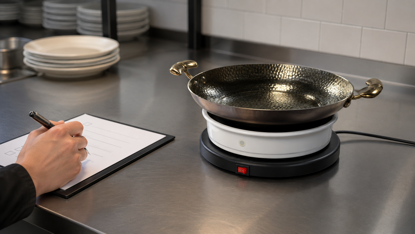 Restaurant staff checklist beside Insta Hot Plate charging for first-use planning